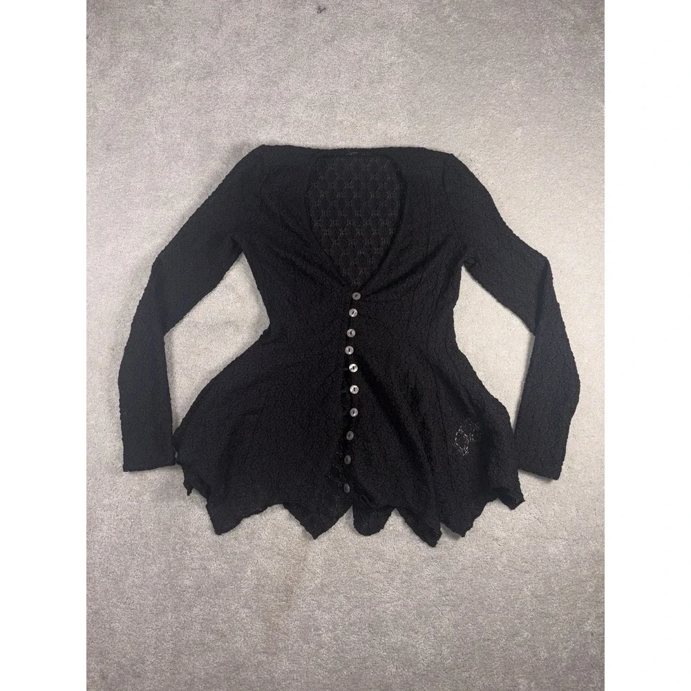 Free People Black Lace Crochet Button Front Cardigan Tunic Pointed Hem Boho S